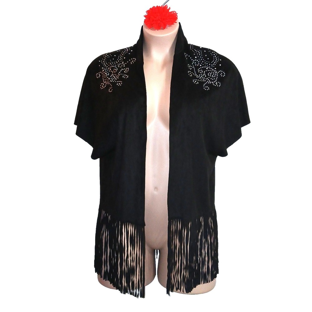 Iman Women Fringe Cardigan Medium Black Studded Western Rodeo Cowgirl Faux Suede
